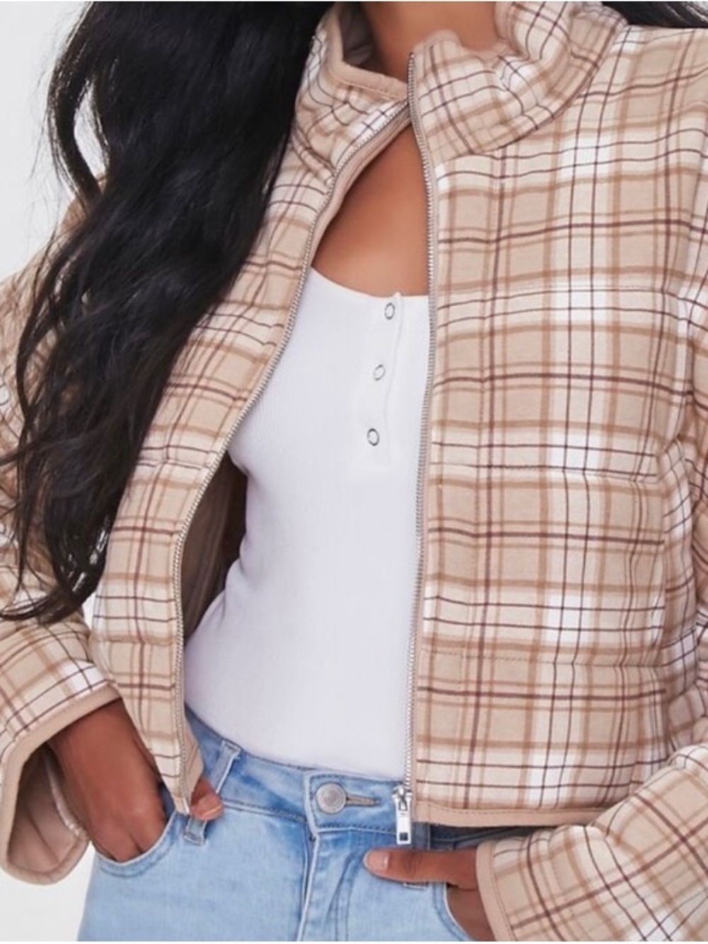 Forever 21 Beige Plaid Puffer Jacket